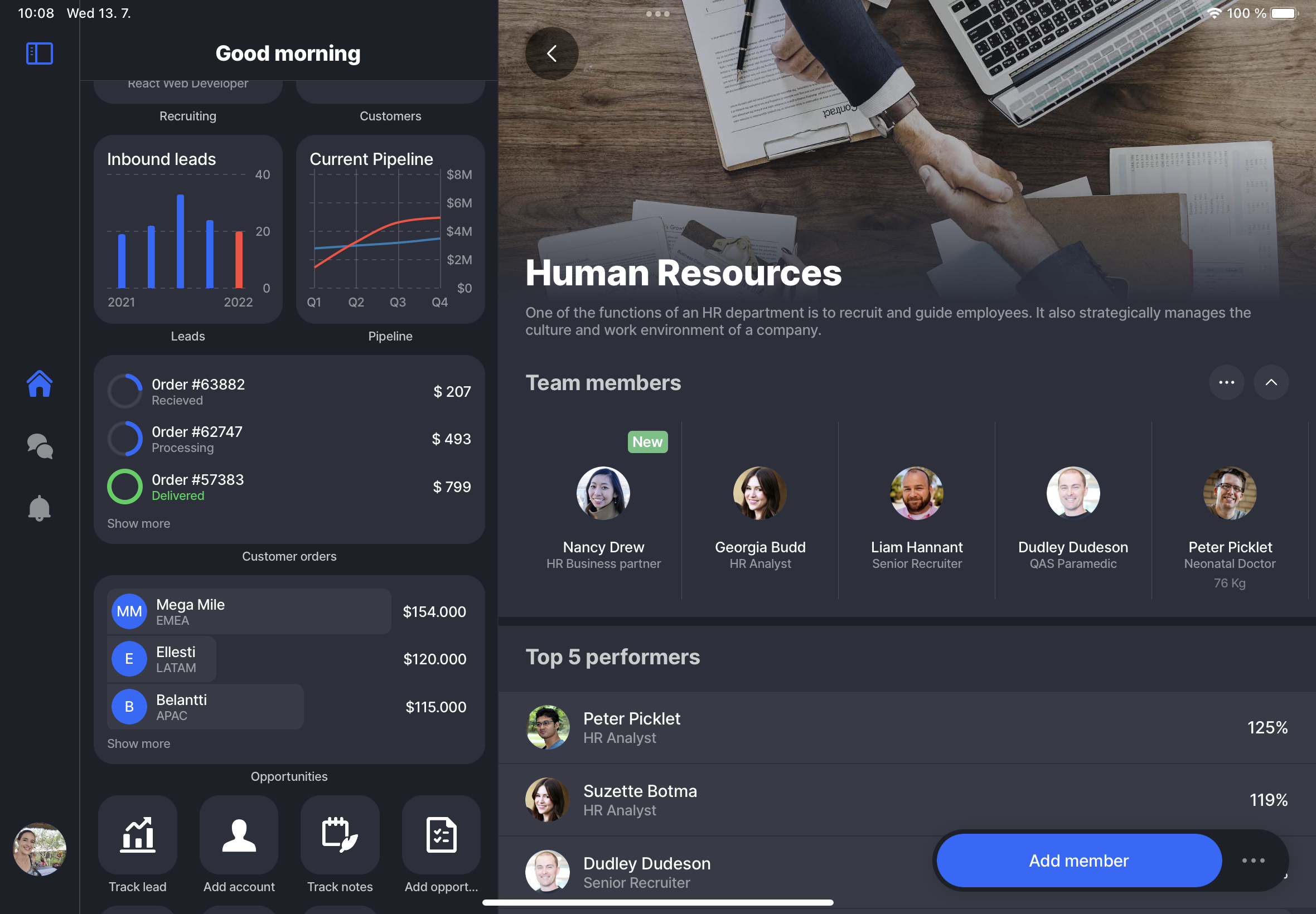Management Dashboard - overview with components, cashflow and opportunities