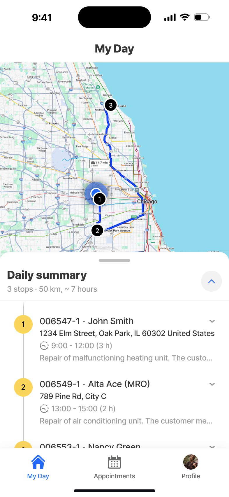 Field Service - My Day overview with schedule and route