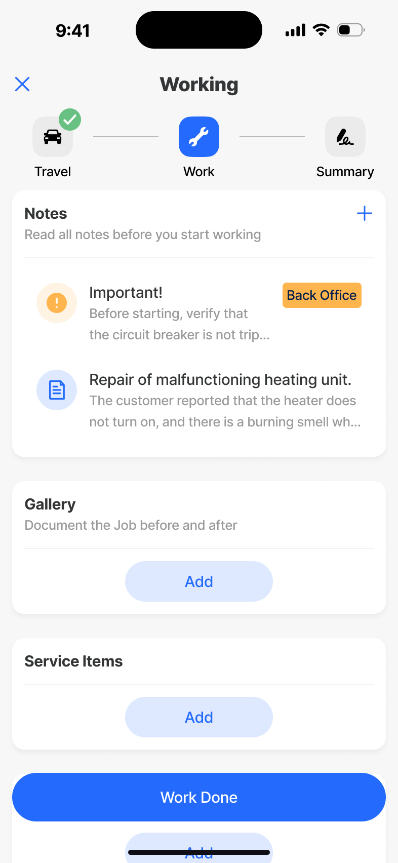 Field Service app - active job screen with checklist, parts and notes