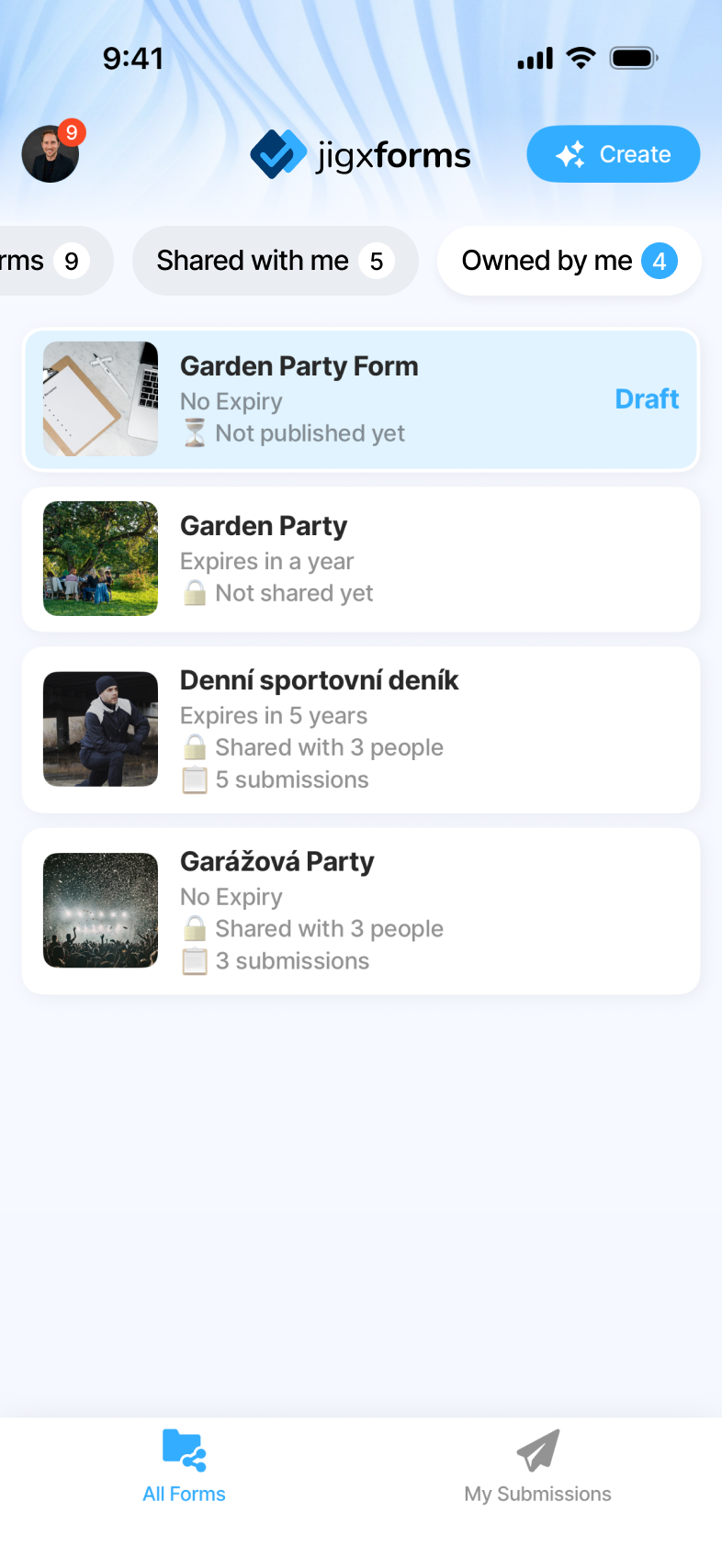 Jigx Forms - All forms list with the Owned by me filter active