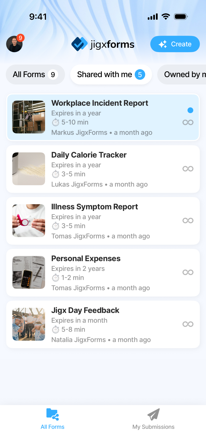 Jigx Forms - All forms list filtered to forms shared with the current user