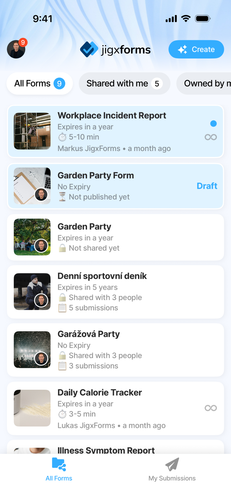Jigx Forms - All forms list with both Owned and Shared visible