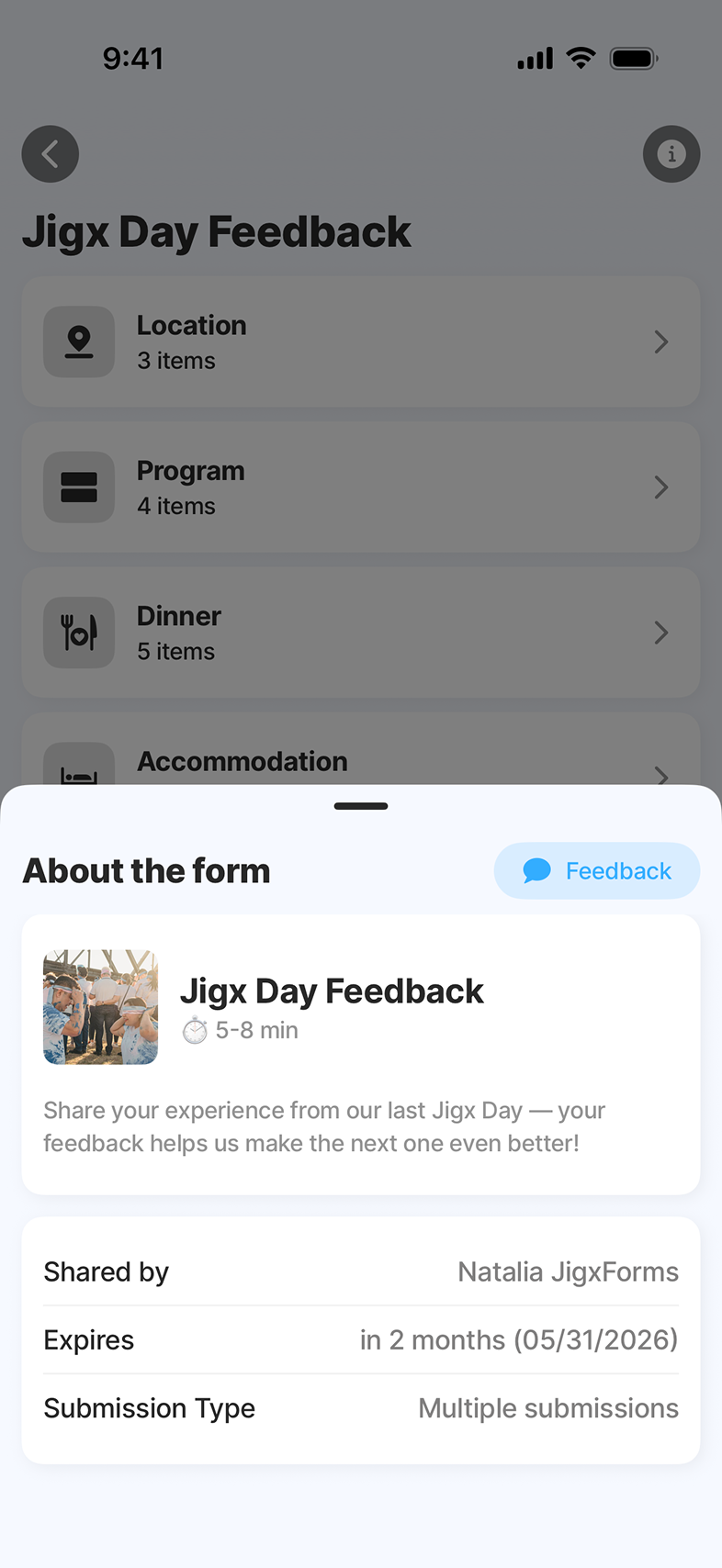 Jigx Forms - form preview with first fields being filled