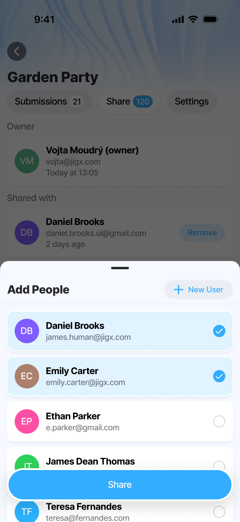 Jigx Forms - Add people flow within the Share panel