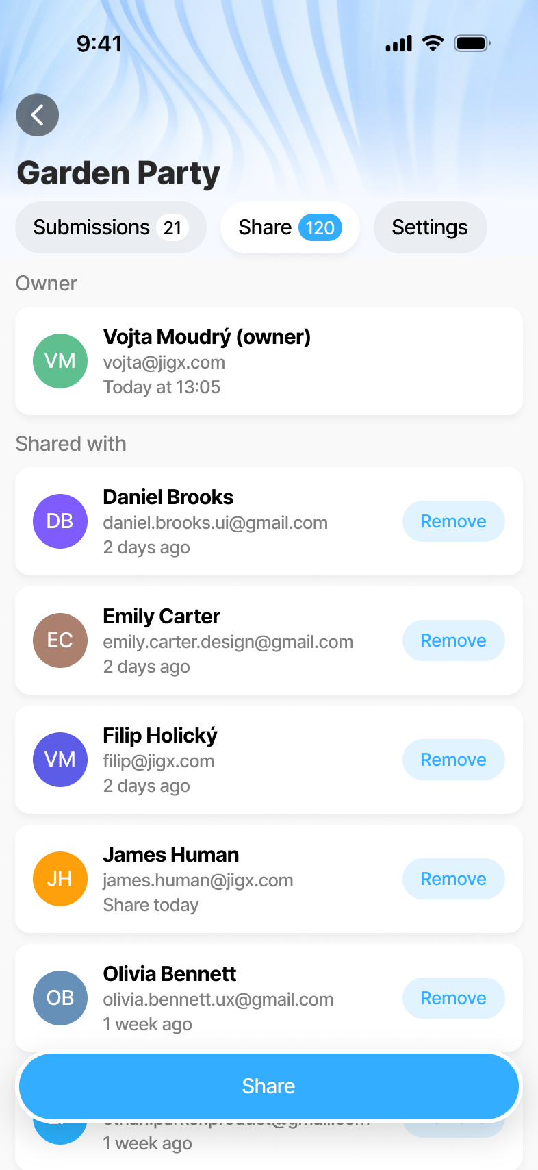 Jigx Forms - Share panel listing people who have access to the form
