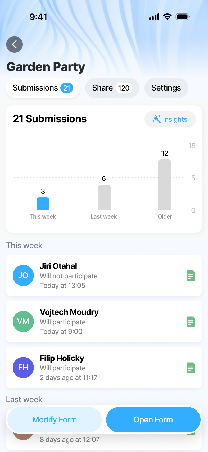 Jigx Forms - submissions overview with chart, respondent list and link to web Insights