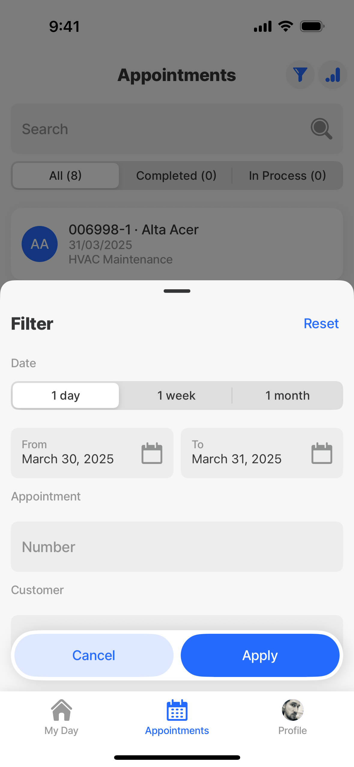 Filters & appointments