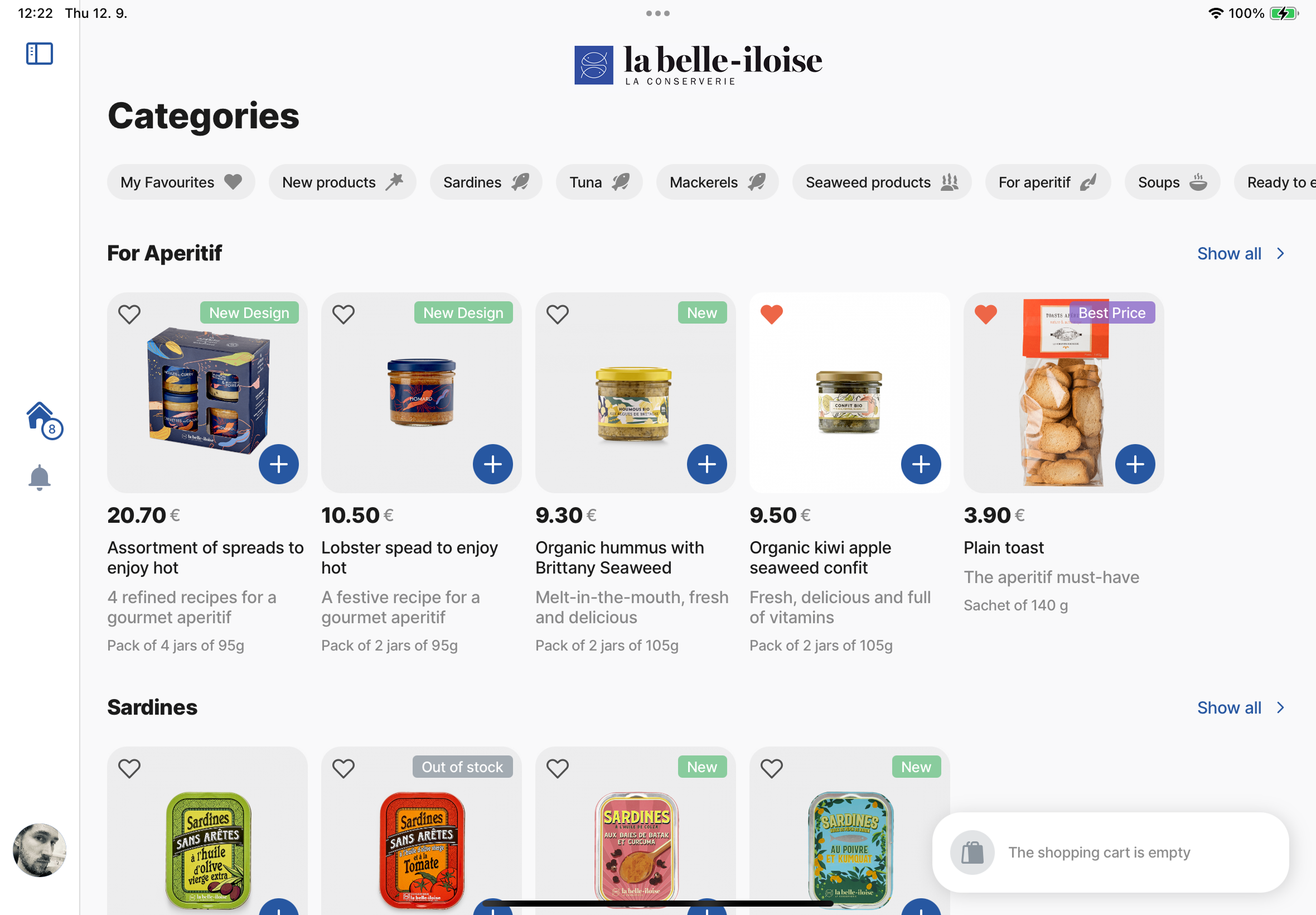 la belle-iloise iPad app - categories view with French premium gourmet products