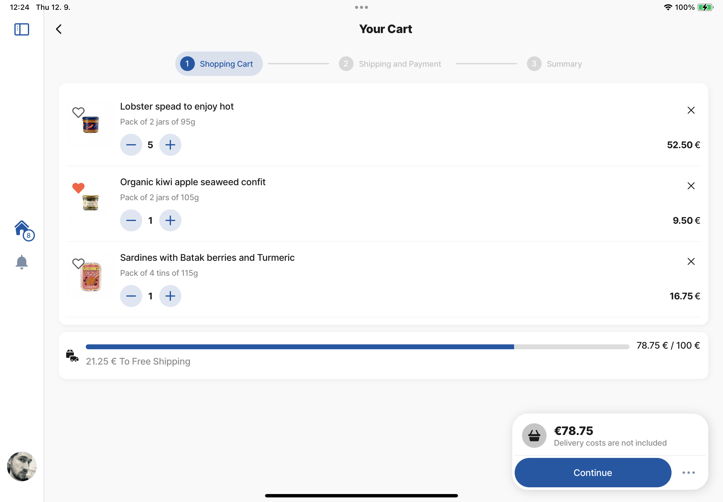 la belle-iloise iPad app - shopping cart with products and checkout flow