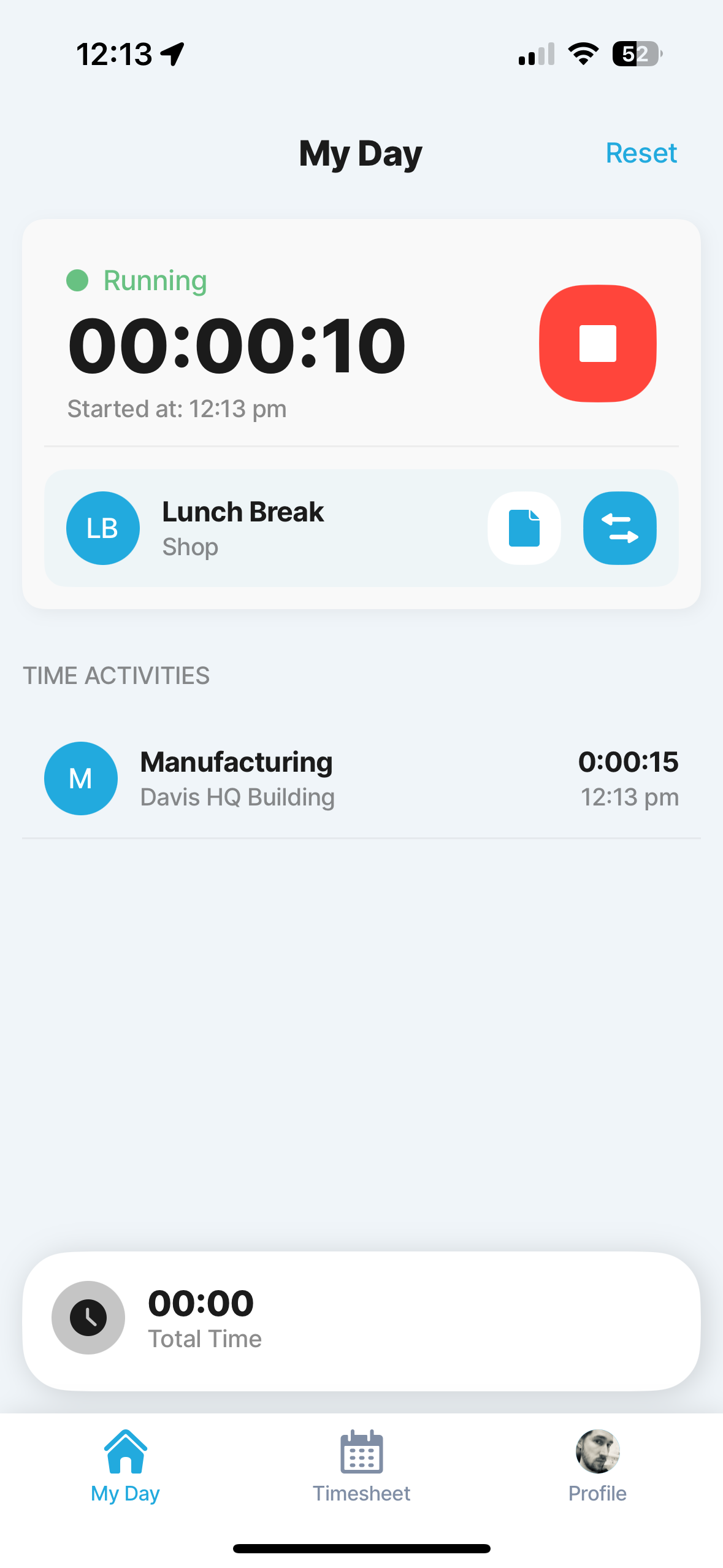 Time Tracking - My Day with running timer, lunch break and time activities