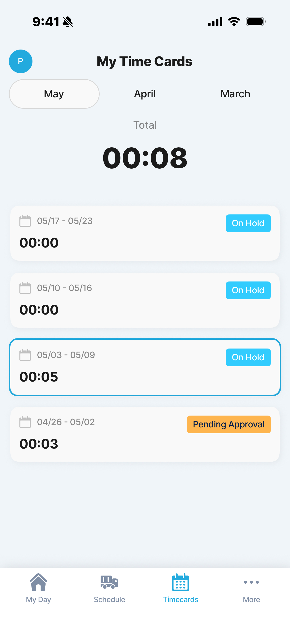 Time Tracking - My Time Cards with weekly totals and approval status